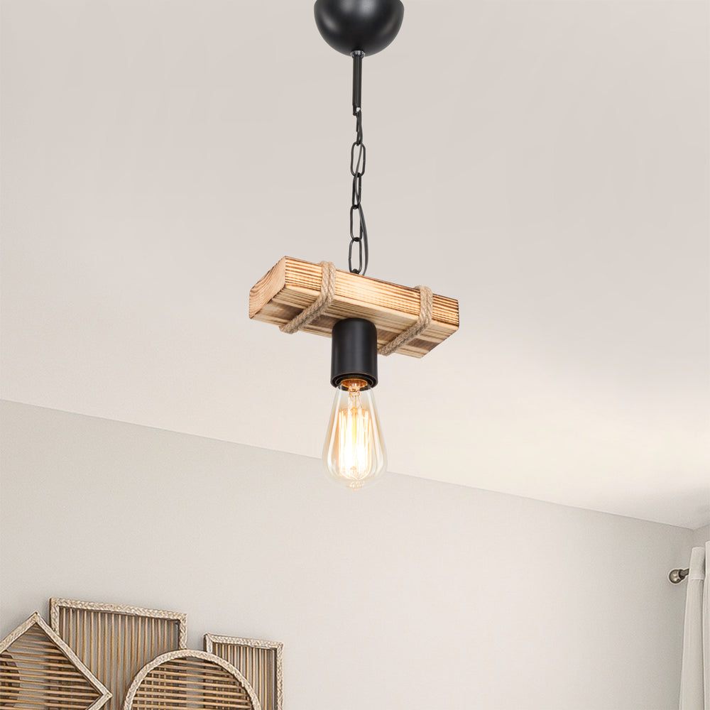 Lámpara colgante Hemel E27 metal madera maciza cuerda de yute negro / efecto madera / color yute en varios tamaños [lux.pro] - premiumXL