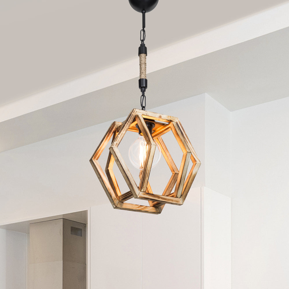 Lámpara colgante Cheltenham E27 metal madera maciza cuerda de yute negro / efecto madera / color yute [lux.pro] - premiumXL