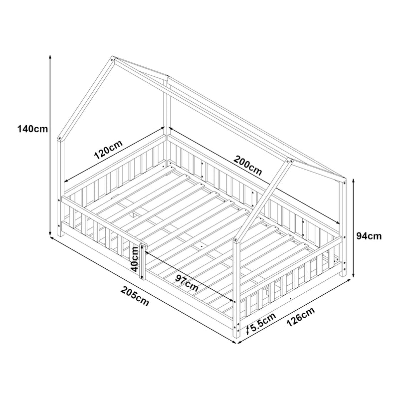 Esquema acotado Cama casita Hesel con colchón y protección contra caídas Blanco [en.casa]