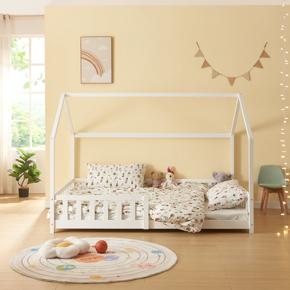 Cama casita Hesel con colchón y barrera de seguridad blanca [en.casa] - premiumXL