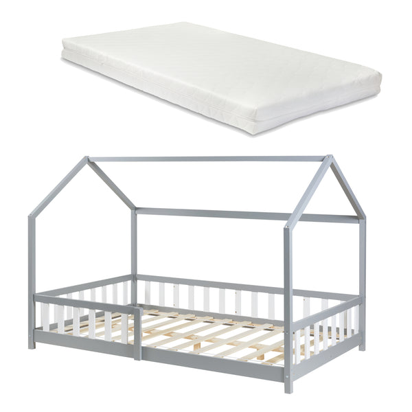 Cama casita Hesel con colchón y protección contra caídas Blanco [en.casa]