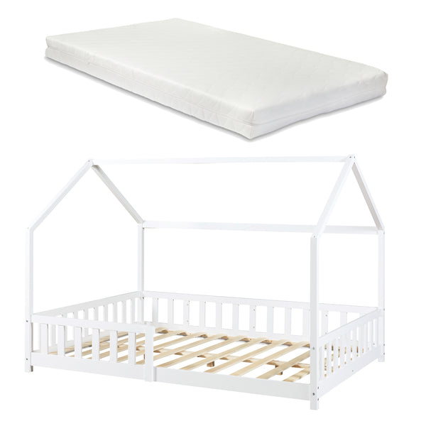 Cama casita Hesel con colchón y protección contra caídas Blanco [en.casa]