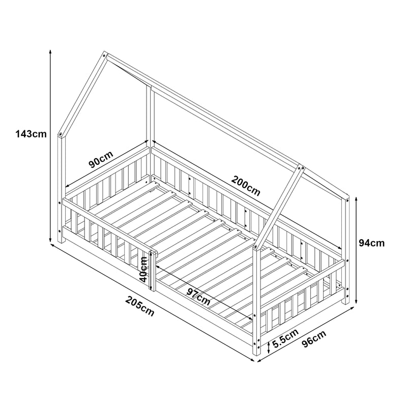 Esquema acotado Cama casita Hesel con colchón y protección contra caídas Blanco [en.casa]