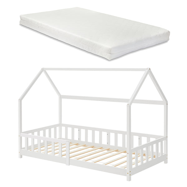 Cama casita Hesel con colchón y protección contra caídas Blanco [en.casa]