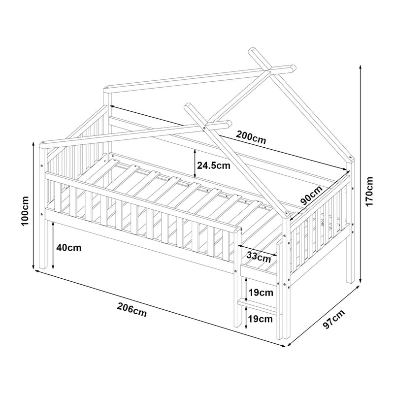 Esquema acotado Cama casita Sotkamo con colchón 90x200cm con protección contra caídas [en.casa]