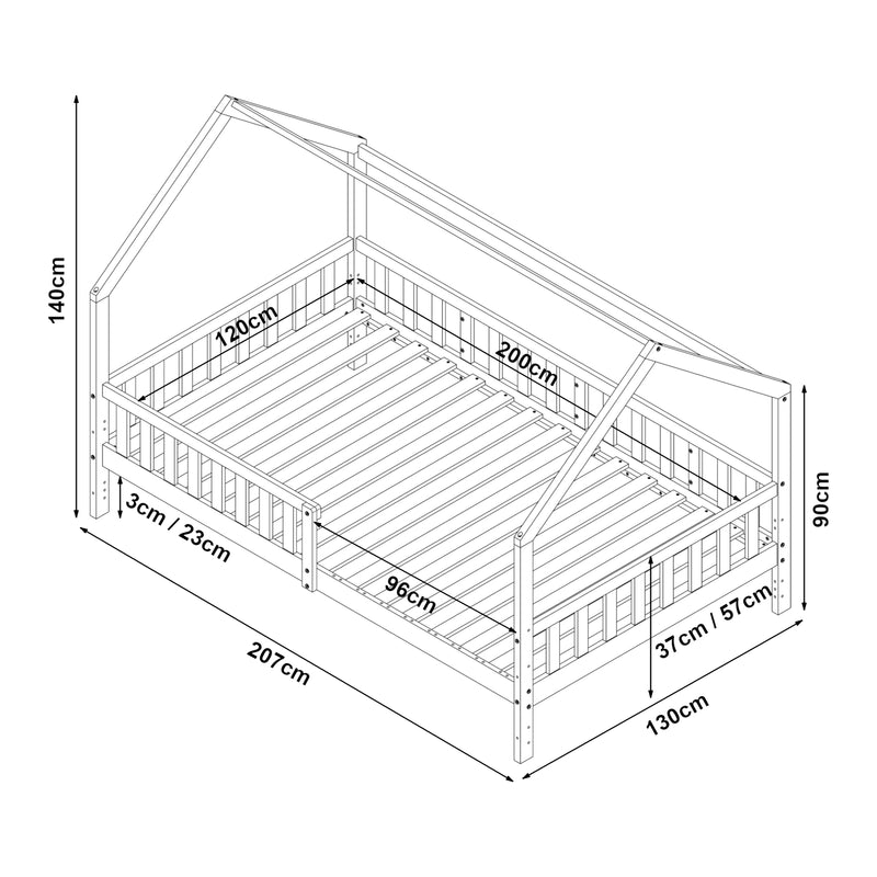 Esquema acotado Cama casita con protección contra caídas Ydre Blanco Madera de pino [en.casa]