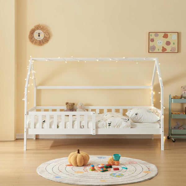 Cama casita con protección contra caídas Ydre Blanco Madera de pino [en.casa]