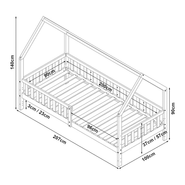 Cama casita con protección contra caídas Ydre Blanco Madera de pino [en.casa]