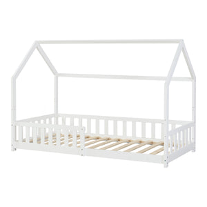 Cama casita con protección contra caídas Ydre Blanco Madera de pino [en.casa]