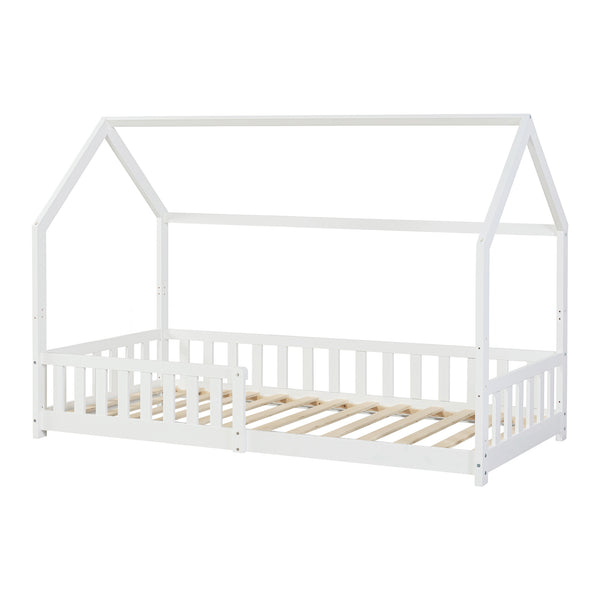 Cama casita con protección contra caídas Ydre Blanco Madera de pino [en.casa]