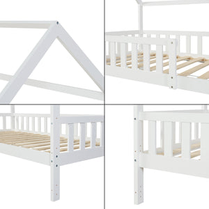 Cama casita con protección contra caídas Ydre Blanco Madera de pino [en.casa]