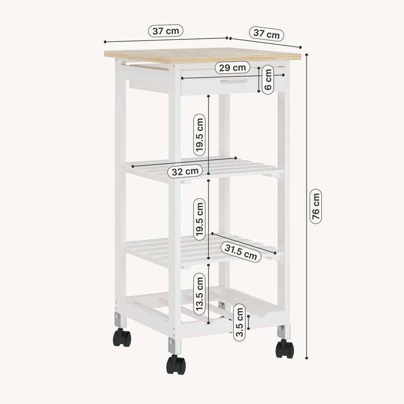 Esquema acotado Carro de Servicio Biel 3 Estantes Cajón 76x37x37cm - [en.casa]