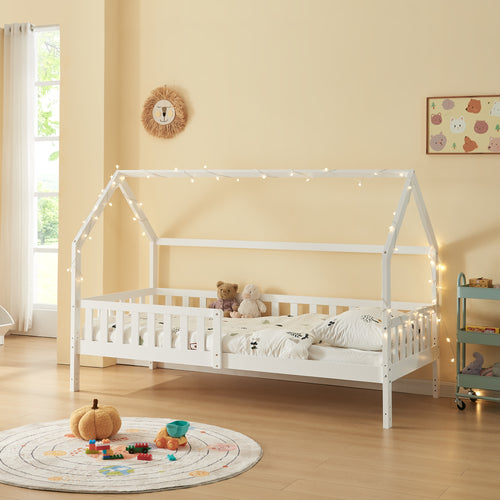 Cama casita con protección contra caídas Ydre Blanco Madera de pino [en.casa]
