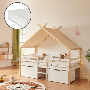 Cama casita Surnadal con colchón 90x200 cm madera de pino blanco/natural [en.casa] - premiumXL