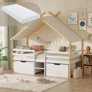 Cama infantil Surnadal con colchón 90x200 cm pino - Blanco/Natural [en.casa]