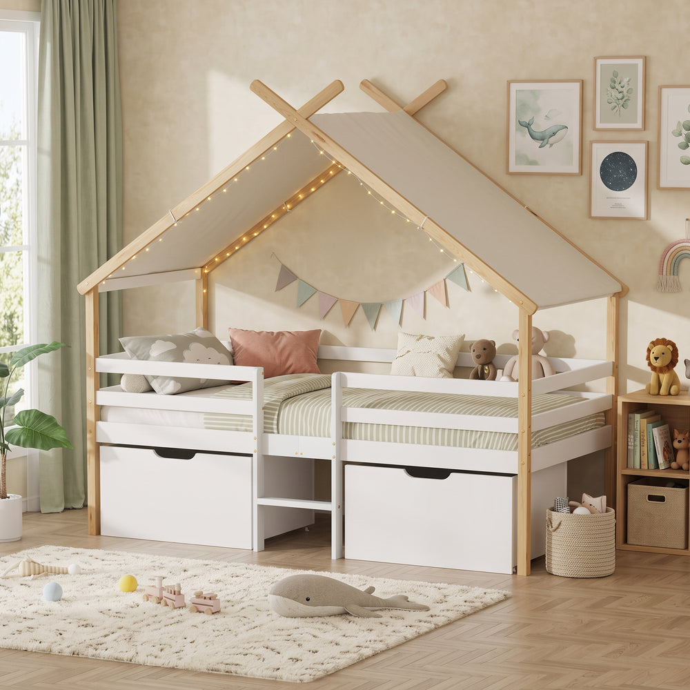 Cama infantil Surnadal en forma de casita 90x200 cm pino - Blanco/Natural [en.casa]