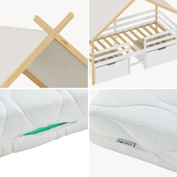 Cama infantil Surnadal con colchón 90x200 cm pino - Blanco/Natural [en.casa]