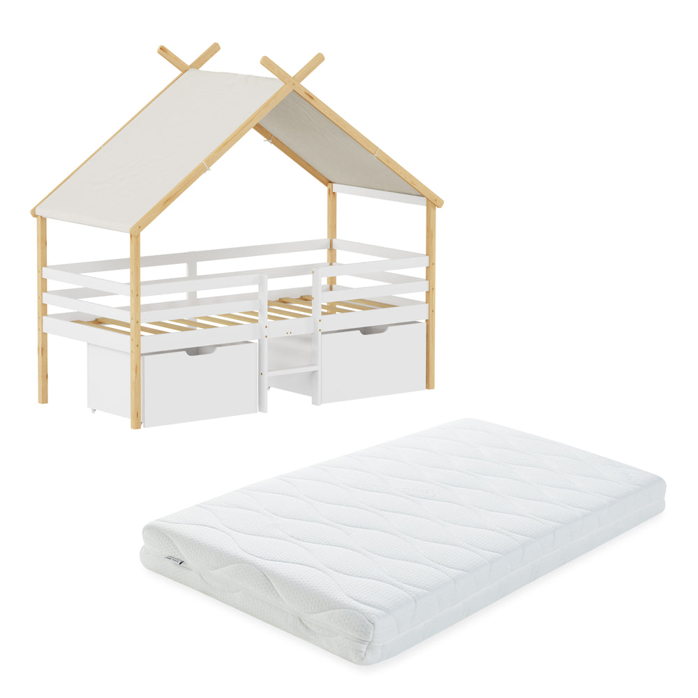 Cama infantil Surnadal con colchón 90x200 cm pino - Blanco/Natural [en.casa]
