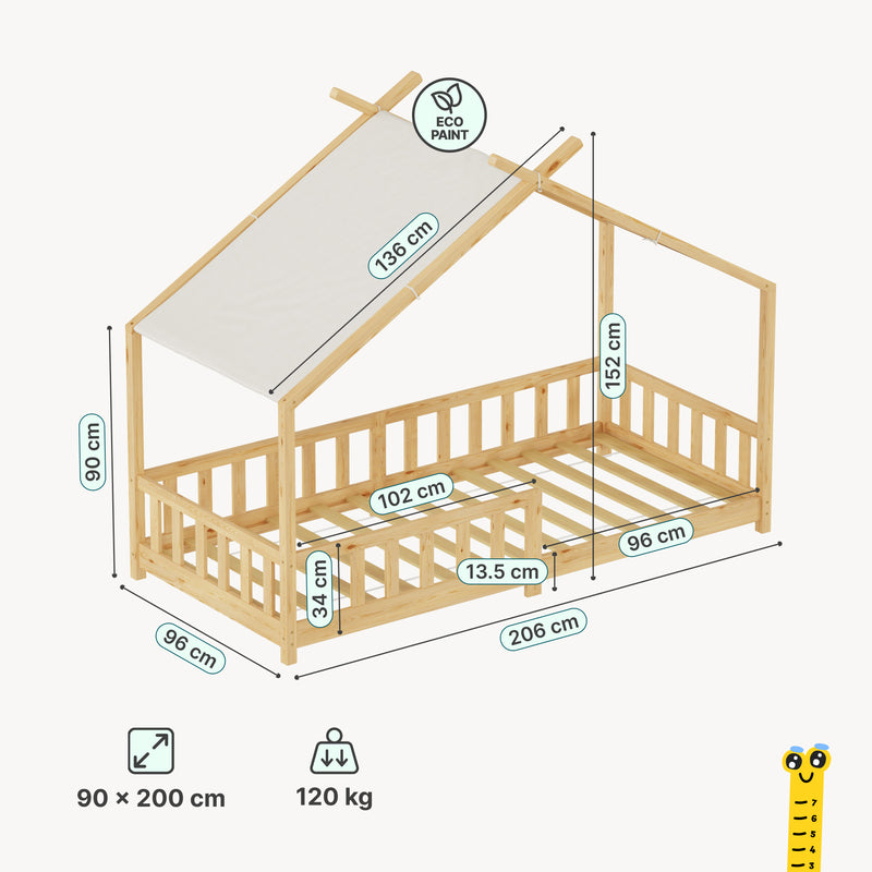 Esquema acotado Cama casita Rila estilo Montessori con protección contra caídas 90x200 cm [en.casa]