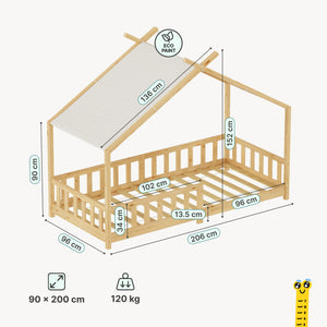 Cama casita Rila estilo Montessori con colchón y protección contra caídas 90x200 cm [en.casa]