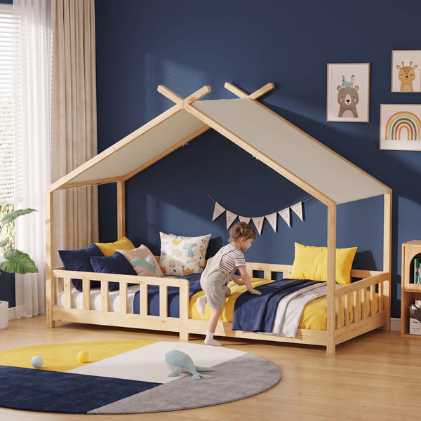 Cama casita Rila estilo Montessori con colchón y protección contra caídas 90x200 cm [en.casa]