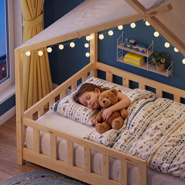 Cama casita Rila estilo Montessori con colchón y protección contra caídas 90x200 cm [en.casa]