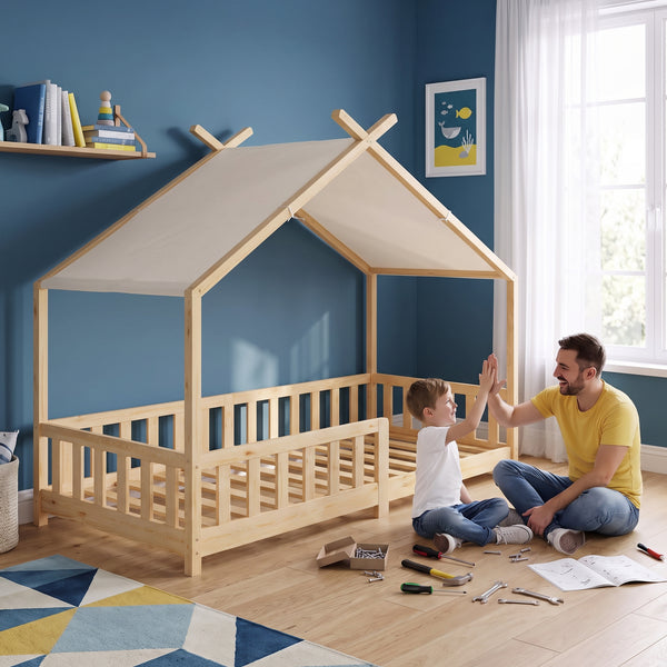 Cama casita Rila estilo Montessori con protección contra caídas 90x200 cm [en.casa]