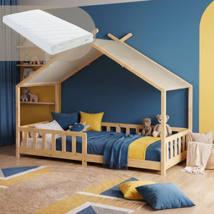 Cama casita Rila estilo Montessori con colchón y protección contra caídas 90x200 cm [en.casa]