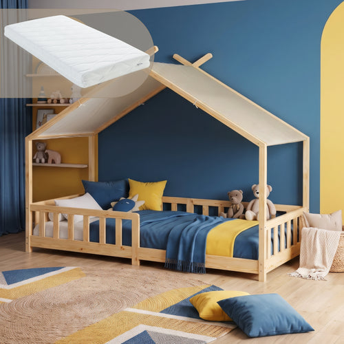 Cama casita Rila estilo Montessori con colchón y protección contra caídas 90x200 cm [en.casa]