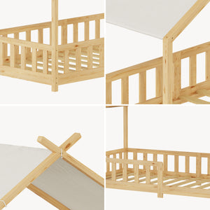 Cama casita Rila estilo Montessori con colchón y protección contra caídas 90x200 cm [en.casa]