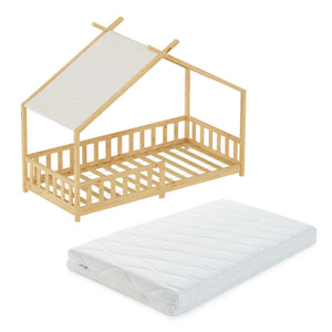 Cama casita Rila estilo Montessori con colchón y protección contra caídas 90x200 cm [en.casa]