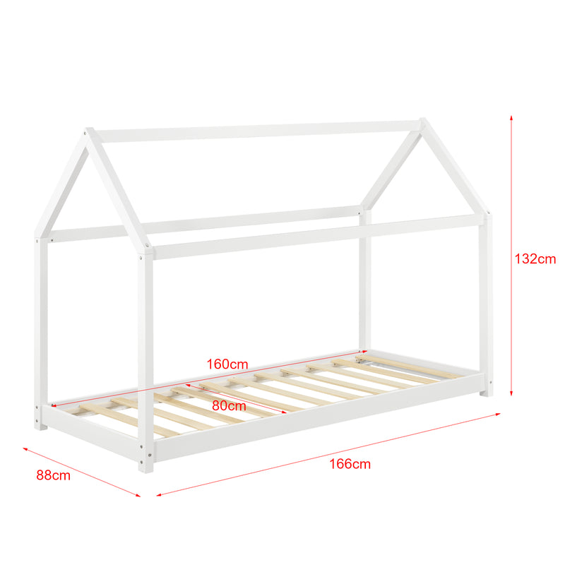 Esquema acotado Cama infantil Netstal de madera pino Forma de casa - 70 x 140cm o 80 x 160cm - Blanco o Pino natural [en.casa]