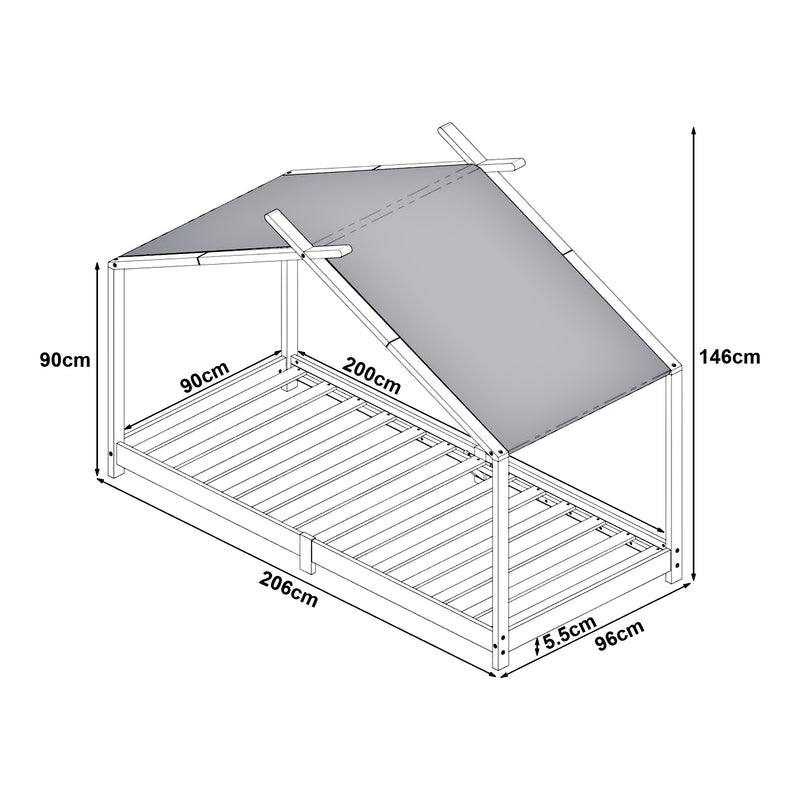 Esquema acotado Cama para niños Brome Forma casita con techo pino 90 x 200 cm [en.casa]