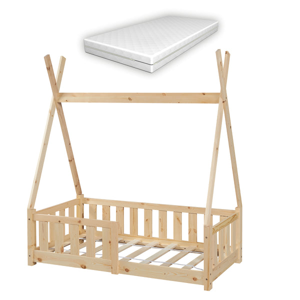 Cama infantil Helsingborg con reja de seguridad y colchón - Estructura tipi - pino 140x70 cm - Verde menta/Color Rosa/Gris claro Mate [en.casa]