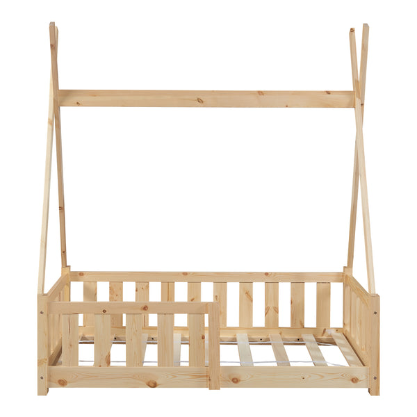 Cama infantil Helsingborg con reja de seguridad y colchón - Estructura tipi - pino 140x70 cm - Verde menta/Color Rosa/Gris claro Mate [en.casa]