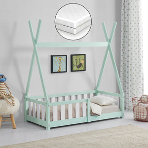 Cama infantil Helsingborg con reja de seguridad y colchón - Estructura tipi - pino 140x70 cm - Verde menta/Color Rosa/Gris claro Mate [en.casa]