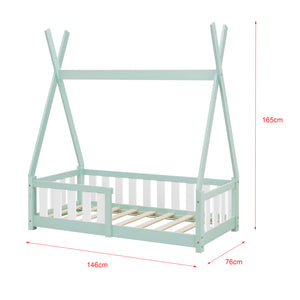 Cama infantil Helsingborg con reja de seguridad y colchón - Estructura tipi - pino 140x70 cm - Verde menta/Color Rosa/Gris claro Mate [en.casa]
