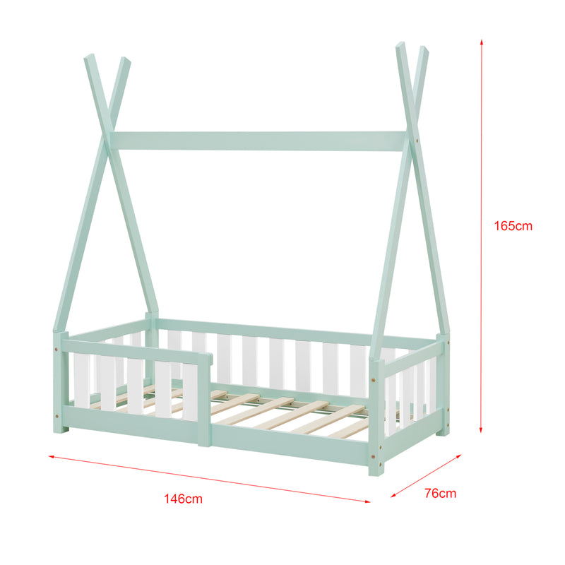 Esquema acotado Cama infantil Helsingborg con reja de seguridad y colchón - Estructura tipi - pino 140x70 cm - Verde menta/Color Rosa/Gris claro Mate [en.casa]