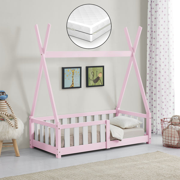 Cama infantil Helsingborg con reja de seguridad y colchón - Estructura tipi - pino 140x70 cm - Verde menta/Color Rosa/Gris claro Mate [en.casa]