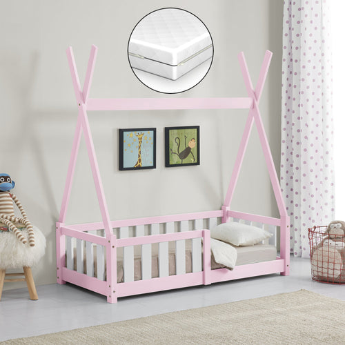 Cama infantil Helsingborg con reja de seguridad y colchón - Estructura tipi - pino 140x70 cm - Verde menta/Color Rosa/Gris claro Mate [en.casa]