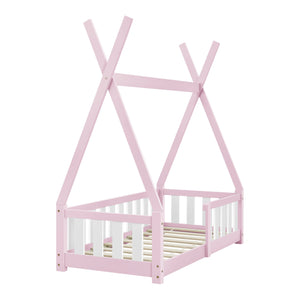 Cama infantil Helsingborg con reja de seguridad y colchón - Estructura tipi - pino 140x70 cm - Verde menta/Color Rosa/Gris claro Mate [en.casa]