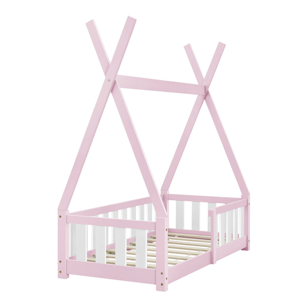 Cama infantil Helsingborg con reja de seguridad y colchón - Estructura tipi - pino 140x70 cm - Verde menta/Color Rosa/Gris claro Mate [en.casa]