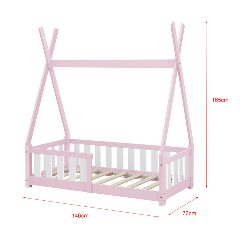 Esquema acotado Cama infantil Helsingborg con reja de seguridad y colchón - Estructura tipi - pino 140x70 cm - Verde menta/Color Rosa/Gris claro Mate [en.casa]