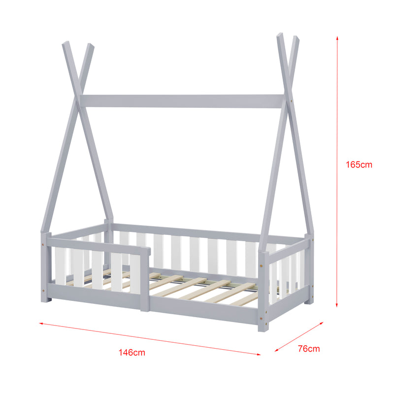 Esquema acotado Cama infantil Tipi Helsingborg con reja de seguridad pino 140x70cm [en.casa]
