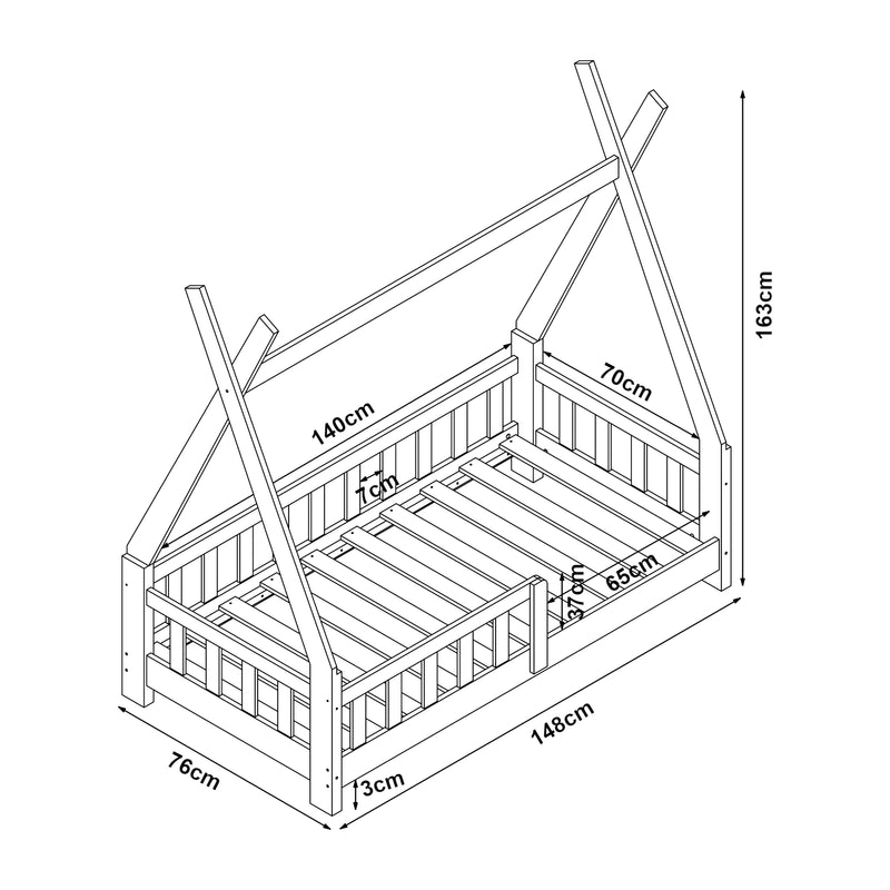 Esquema acotado Cama infantil Tipi Helsingborg con reja de seguridad pino 140x70cm [en.casa]
