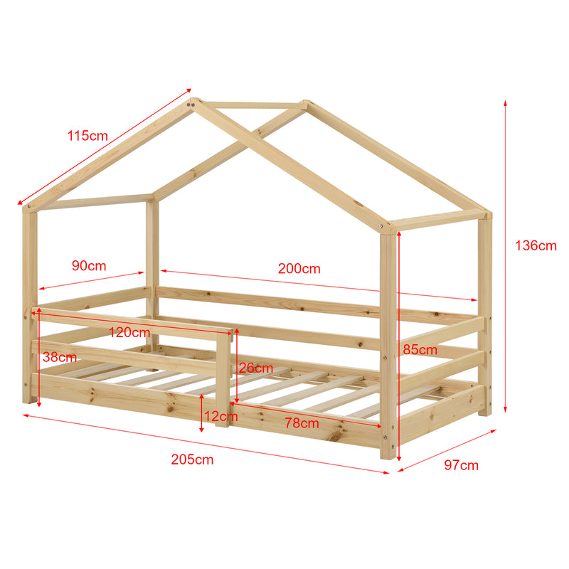 Esquema acotado Cama infantil Knätten en forma de casa pino con reja [en.casa]