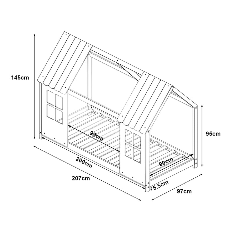 Esquema acotado Cama para niños Tostedt en forma de casa con ventanas pino En diferentes medidas - Blanco [en.casa]