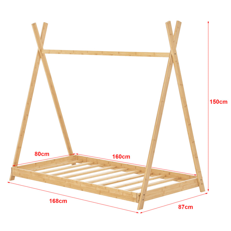 Esquema acotado Cama infantil Tipi Vimpeli + 1 Colchón máx. 200 kg bambú 70 x 140 cm o 90 x 200 cm - Natural [en.casa] y [neu.haus]
