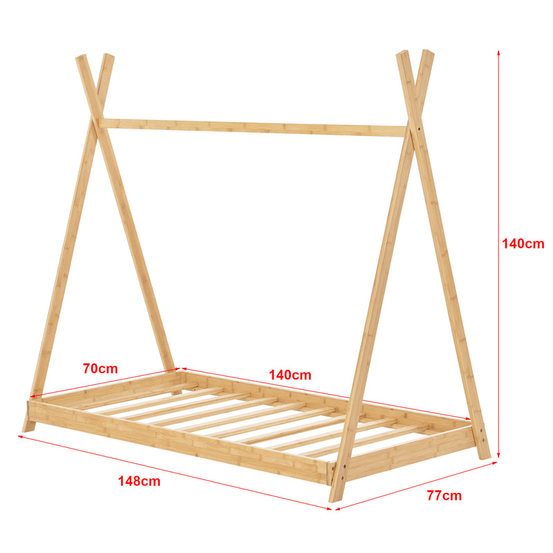 Esquema acotado Cama infantil Tipi Vimpeli + 1 Colchón máx. 200 kg bambú 70 x 140 cm o 90 x 200 cm - Natural [en.casa] y [neu.haus]