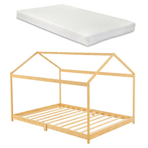 Cama infantil Simple Vindafjord en forma de casa con colchón bambú en diferentes tamaños - Color natural [en.casa]